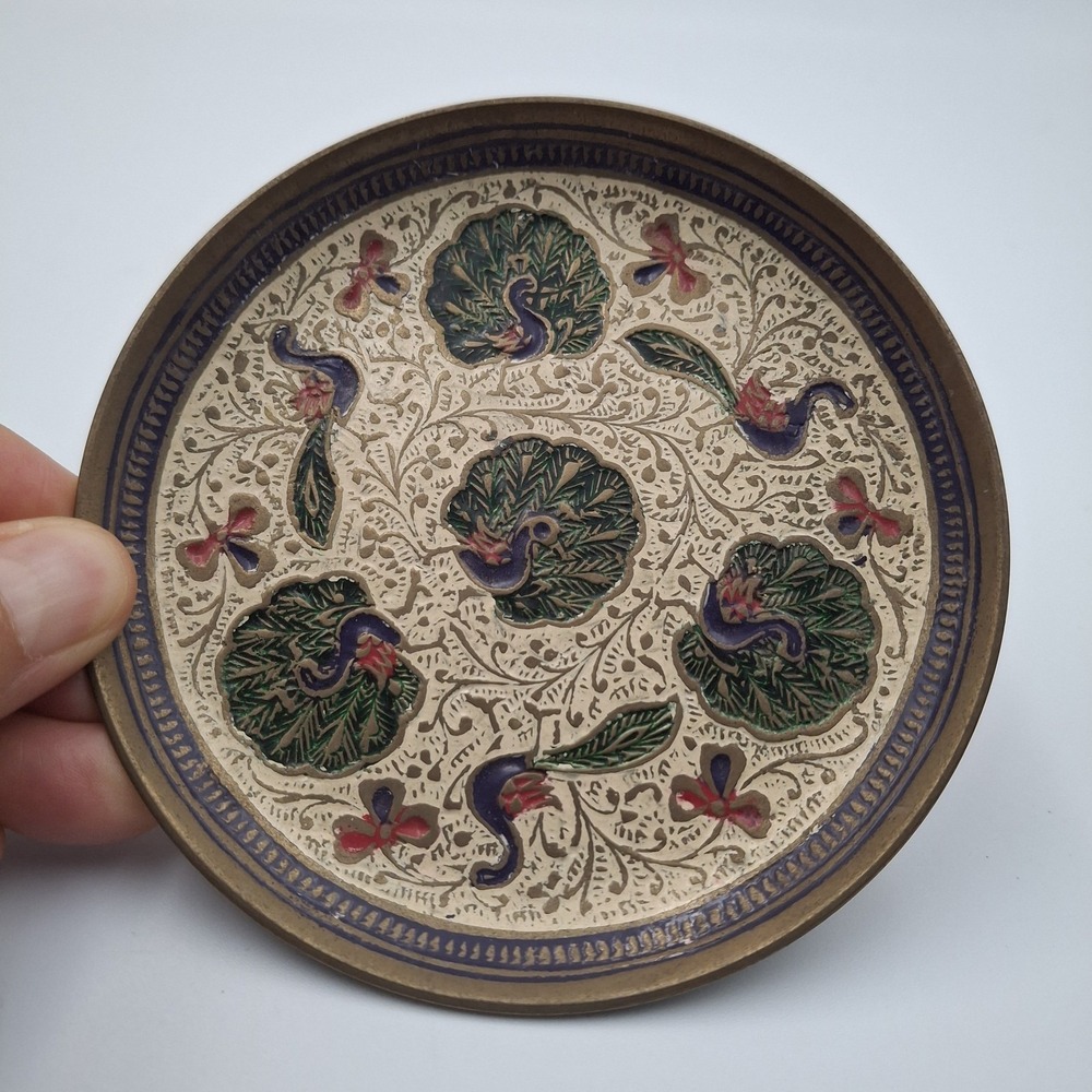 Vtg‎ Hand-Etched Brass Trinket Plate Enamel Peacock Pheasant Floral 4" Kashmiri